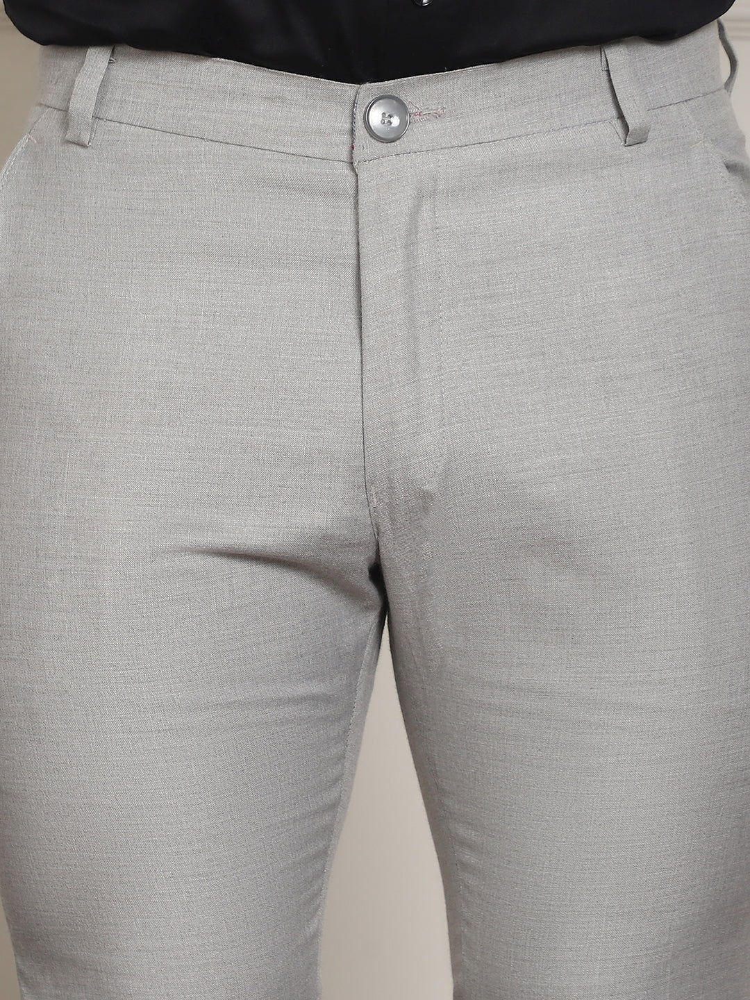 Indian Needle Men's Tapered Fit Solid Trousers - Light-Grey | Swadesiicart