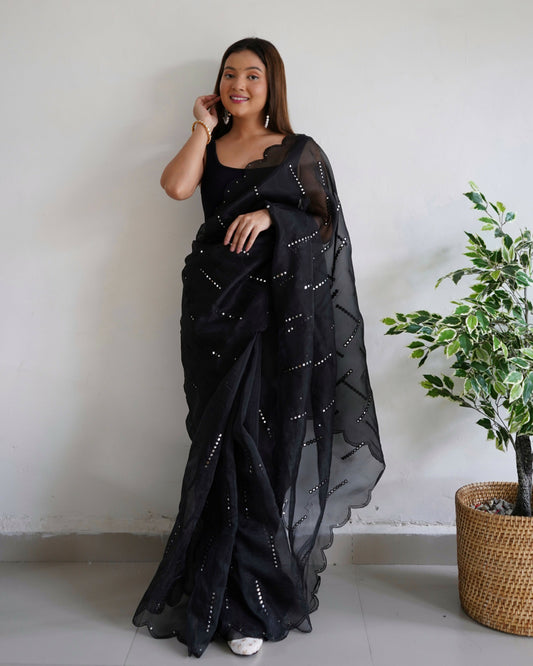 Vamsee Vika 9Mm Black Organza Saree - Swadesiicart