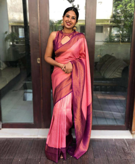 DEIANA'S Beautiful Designer Golden zari Soft Lichi Silk Saree - Pink - Swadesiicart