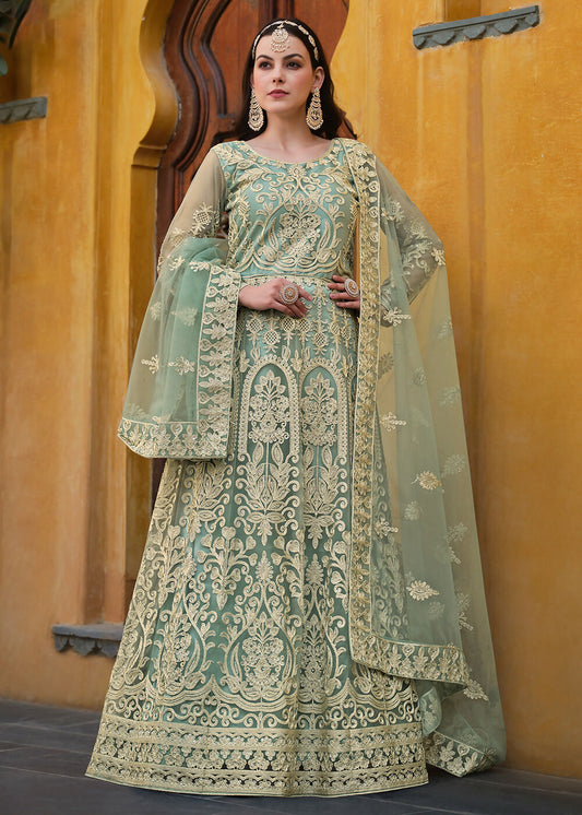 Light Green Pure Butterfly Net Wedding Wear Anarkali Suit - Emponline | Swadesiicart