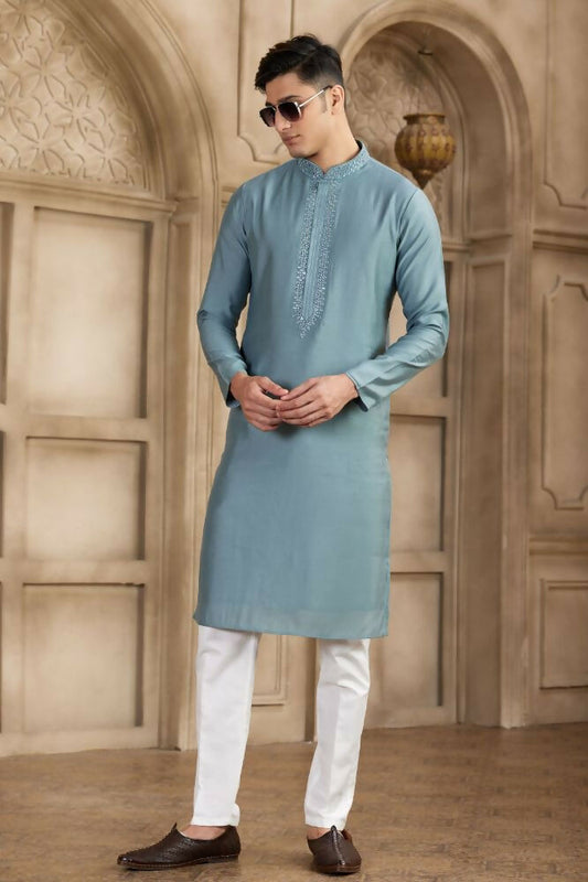 Raivat Ethnic Banarasi Art Silk Mirror Work Kurta Pajama In Grey Colour | Swadesiicart