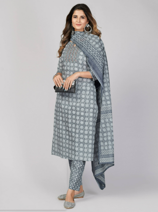 NOZ2TOZ Women's Printed & Embellished & Mirror Work Straight Cotton Grey Stitched Kurta Pant With Dupatta (3Pcs Set) - Swadesiicart