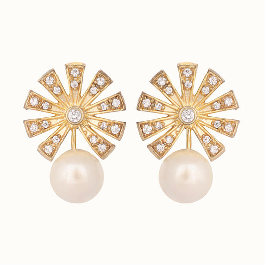 Nuyug 22K Gold-Plated Pearl Drop Zircon Floral Shaped Mini Stud Earrings | Swadesiicart