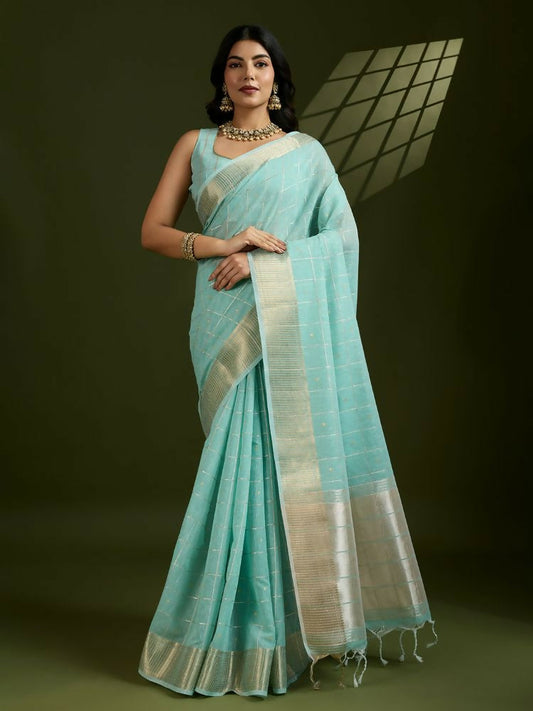 Vishnu Weaves Women's Sea-Green Soft Silk Zari Woven Saree with Blouse - Swadesiicart