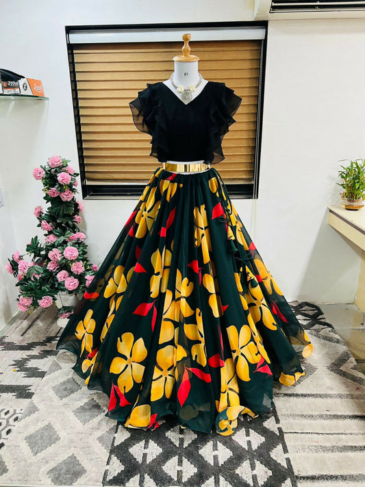 Dishitha Creation Floral Printed Stitched Lehenga & Crop Top - Black & Black | Swadesiicart