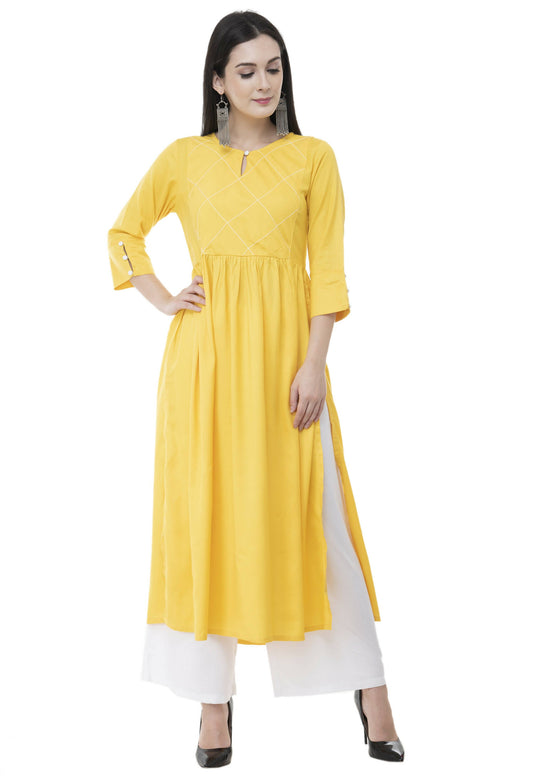 Women's Yellow Thread Work Emb Kurti With Side Slits - G & A Apparels | Swadesiicart