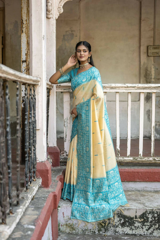 Vishnu Weaves Women's Firozi Handloom Raw Silk Woven Saree with Blouse - Swadesiicart