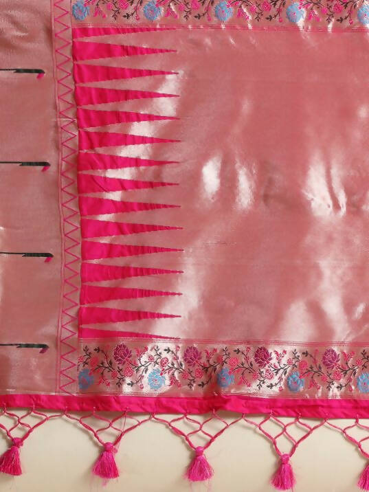 Vishnu Weaves Women's Pink Paithani Silk Zari Woven Saree with Unstitched Blouse - Swadesiicart