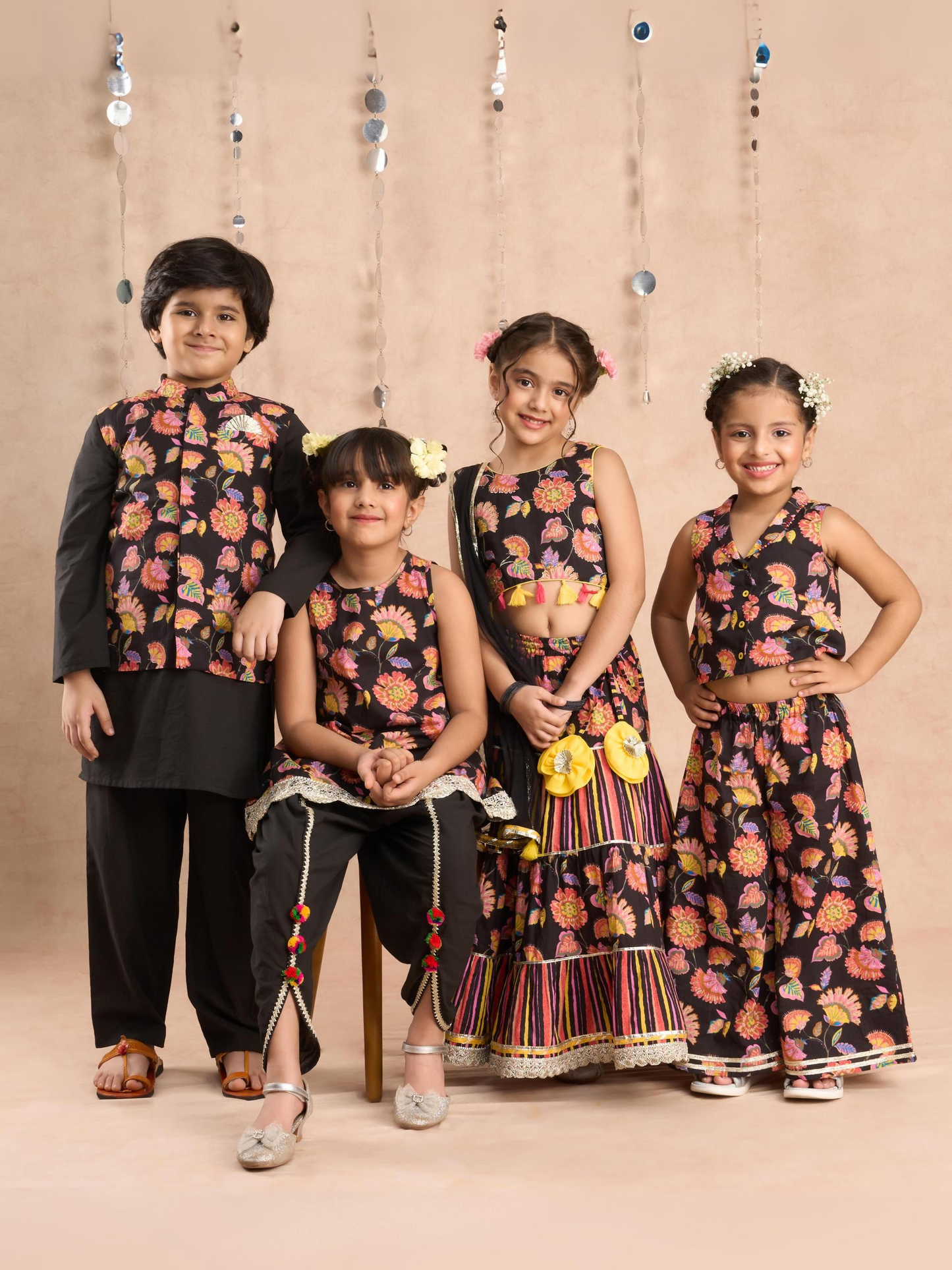 Lil Drama Jaipur Print Stylish Top with Pant Co-ordinate Set for Girls - Black - Swadesiicart