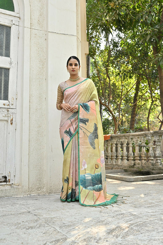 Vishnu Weaves Women's Mahendi Cotton Silk Saree with Blouse - Swadesiicart