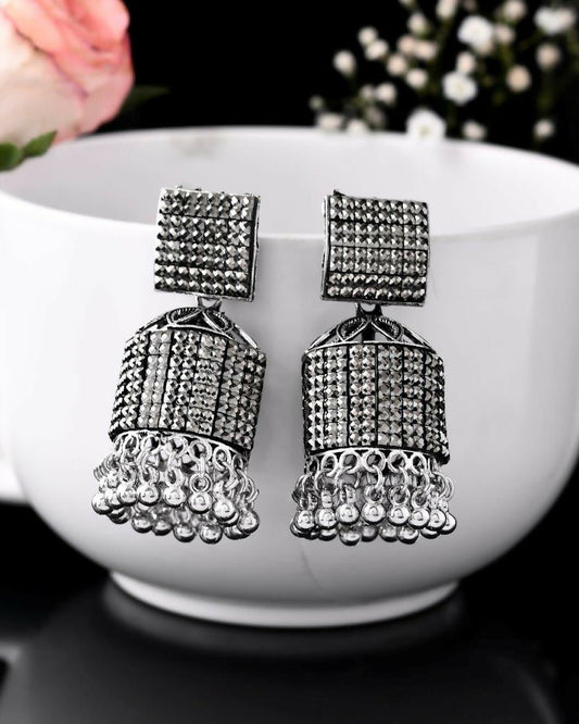 VOJ Black-Toned AD Studded Square Dome Shaped Jhumka Earrings - VOJ (Valley Of Jewellery)