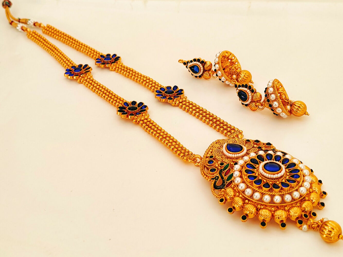 Blue Kemp Long Necklace Set For Weddings - Swadesiicart