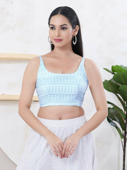 Joban Fashion Light-Blue Shift Sleeveless Back Open Blouse - Swadesiicart