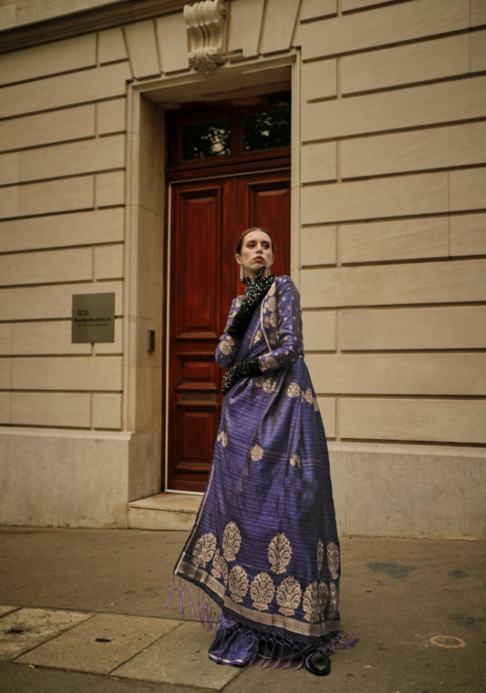 Navy Blue Weavead Thread & Zari Work, Handloom Weaving Banarasi Satin Silk Saree - Rajtex Kronicle Silk - Swadesiicart