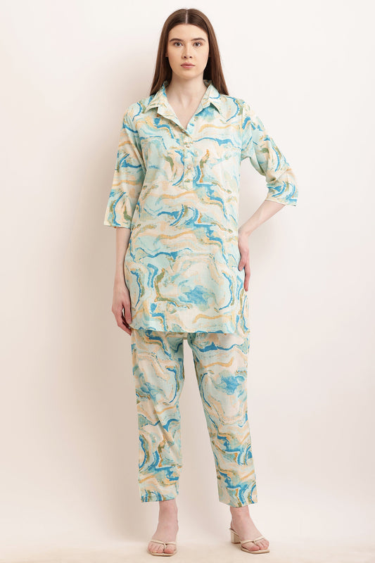 PAVONINE Firozi Color Ted-Dye Printed Cord Set For Women - Swadesiicart