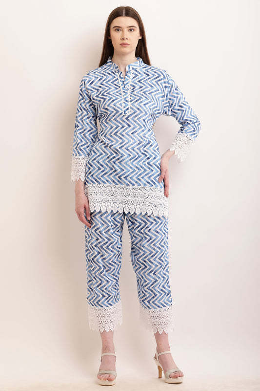 PAVONINE Firozi Color Zig-Zag Printed with Lace Inserted Cord Set For Women - Swadesiicart