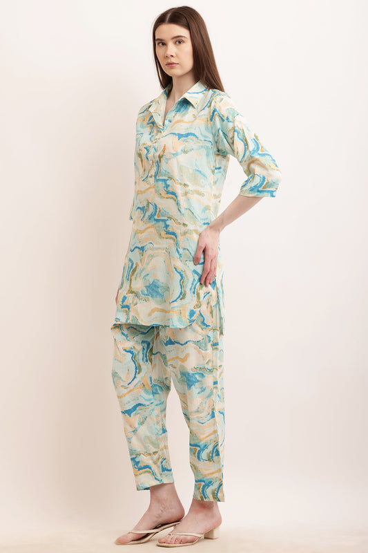 PAVONINE Firozi Color Ted-Dye Printed Cord Set For Women - Swadesiicart