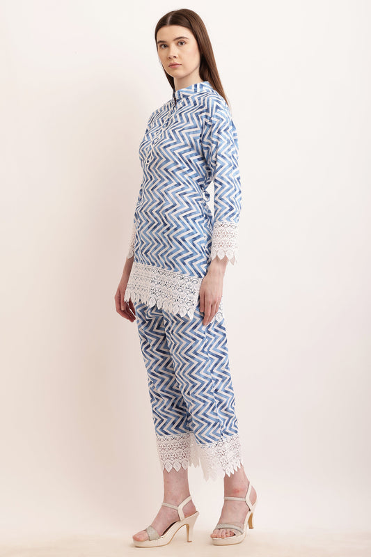 PAVONINE Firozi Color Zig-Zag Printed with Lace Inserted Cord Set For Women - Swadesiicart