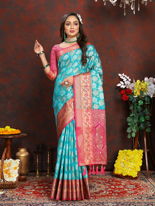 Lorenvalley Fashion Firozi Organza Silk Woven Design with Rich Meenakari Weaving Pallu Saree - Swadesiicart