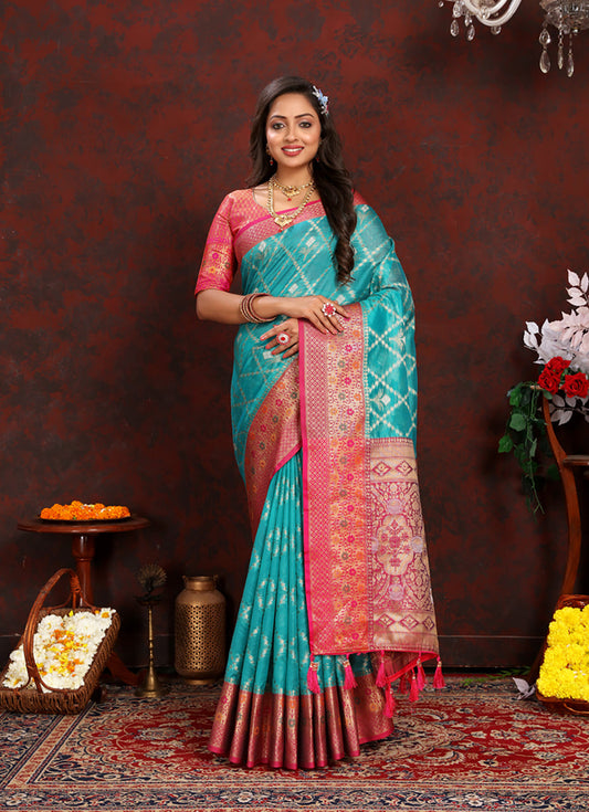 Lorenvalley Fashion Firozi Organza Silk Woven Design with Rich Meenakari Weaving Pallu Saree - Swadesiicart
