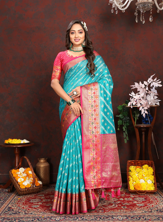 Lorenvalley Fashion Firozi Organza Silk Woven Design with Rich Meenakari Weaving Pallu Saree - Swadesiicart