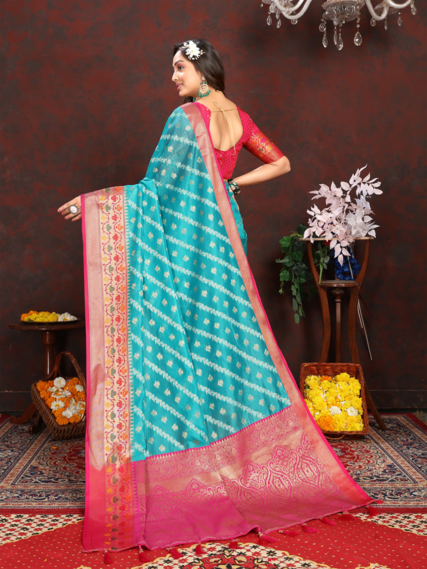 Lorenvalley Fashion Firozi Organza Silk Woven Design with Rich Meenakari Weaving Pallu Saree - Swadesiicart