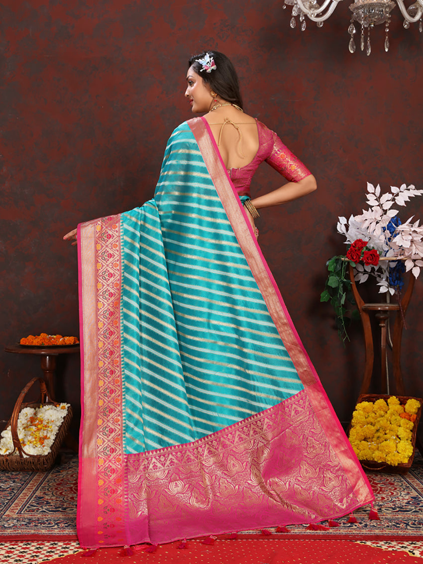 Lorenvalley Fashion Firozi Organza Silk Woven Design with Rich Meenakari Weaving Pallu Saree - Swadesiicart