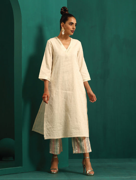 trueBrowns Ivory Tonal Cotton Kurta with Embroidered Pants | Swadesiicart