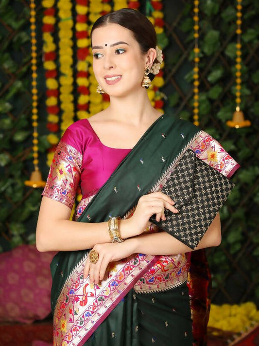 Vishnu Weaves Women's Bottle Green Paithani Silk Zari Woven Saree with Unstitched Blouse - Swadesiicart