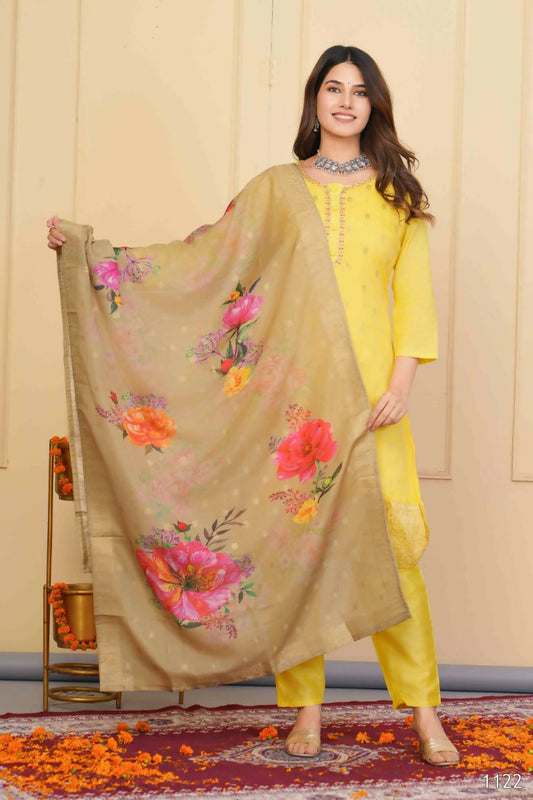 Yellow Viscose Organza Jacquard Embroidered Stitched Suit With Dupatta - Tanisha | Swadesiicart