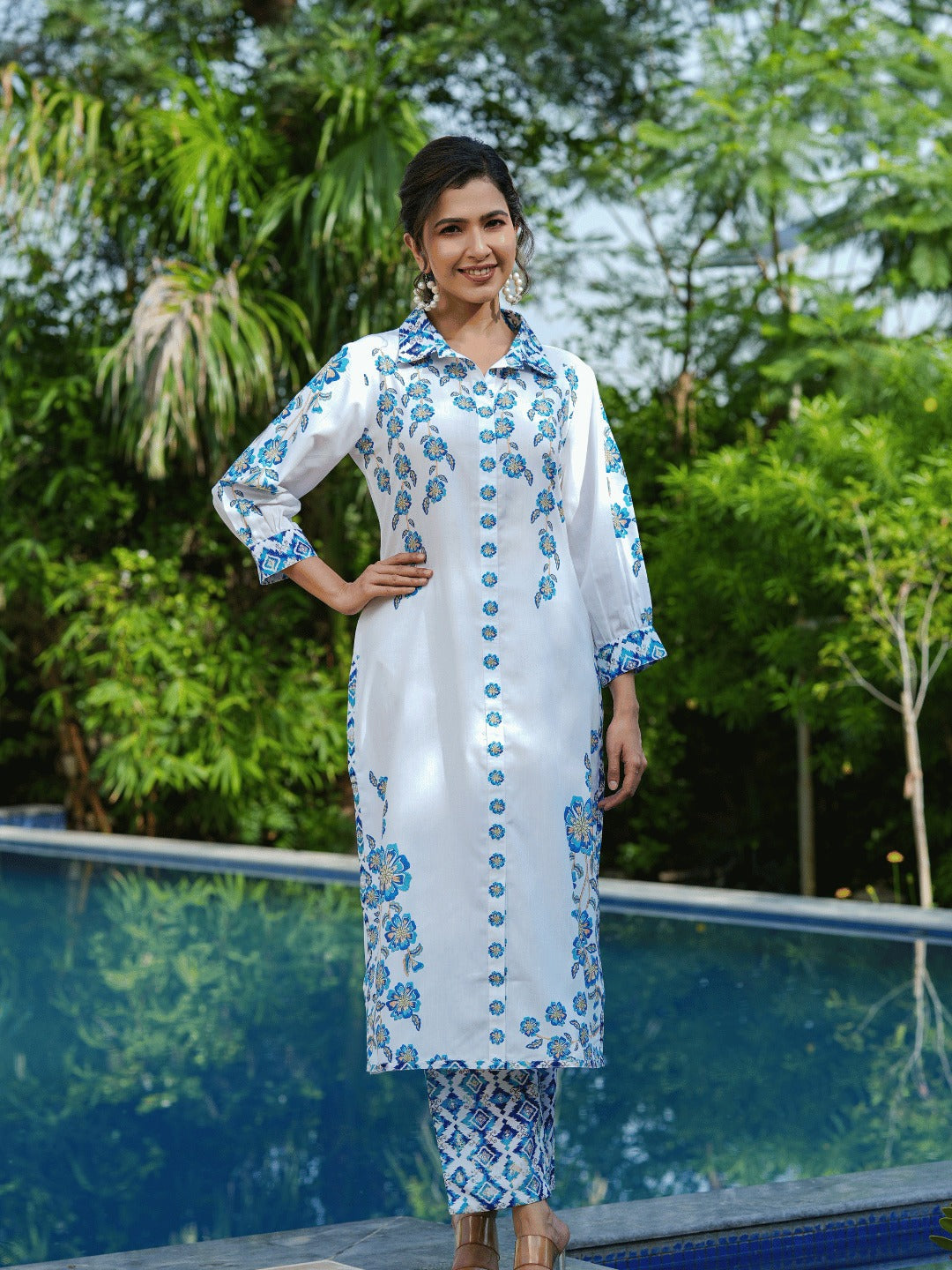 Yufta Blue White Printed Pure Cotton Kurta with Trousers - Swadesiicart