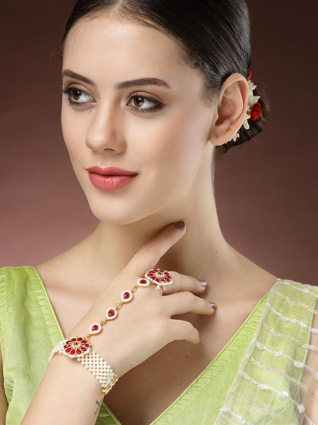 NVR Women's Red Gold-Polished Stone Studded Handcrafted Ring Bracelet - Swadesiicart