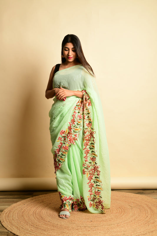 Vamsee Sparkle Sparkle -Green Georgette Saree - Swadesiicart
