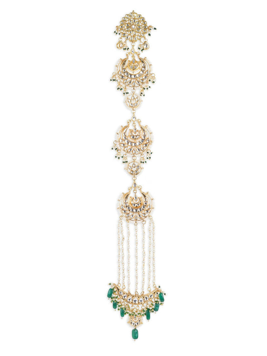 Gold-Polished Green Kundan Stone-Studded Head Chain - Ruby Raang | Swadesiicart