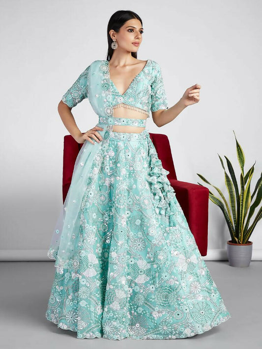 House of Panchhi Turquoise Blue Organza Sequins, Zarkan And Thread Embroidery Lehenga Choli & Dupatta