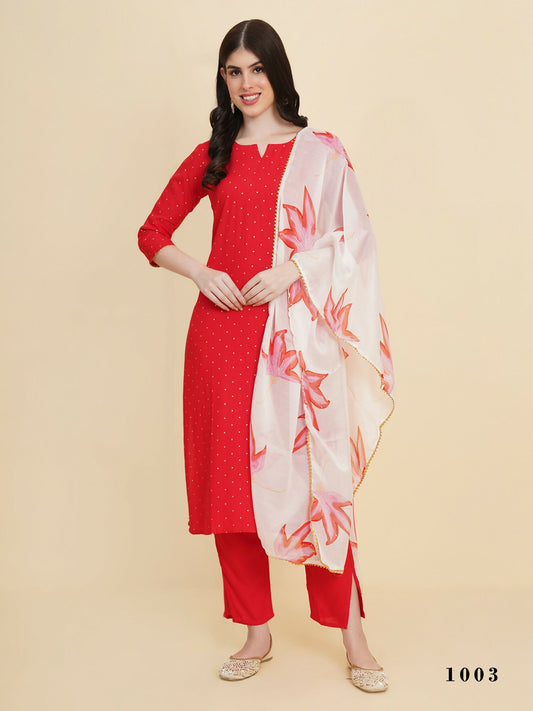 Designer Stylish Red rayon Stitched Suit With Dupatta - Tanisha | Swadesiicart
