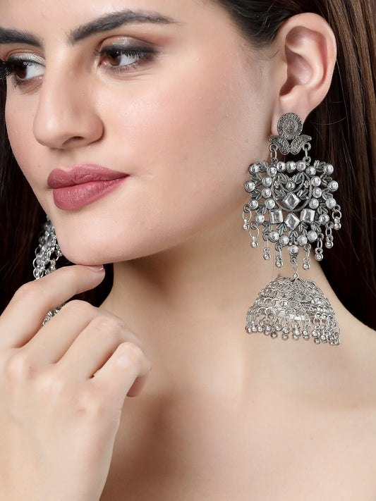 NVR Women's Silver-Plated Oxidised Artificial Stones Dome Shaped Jhumka Earrings | Swadesiicart