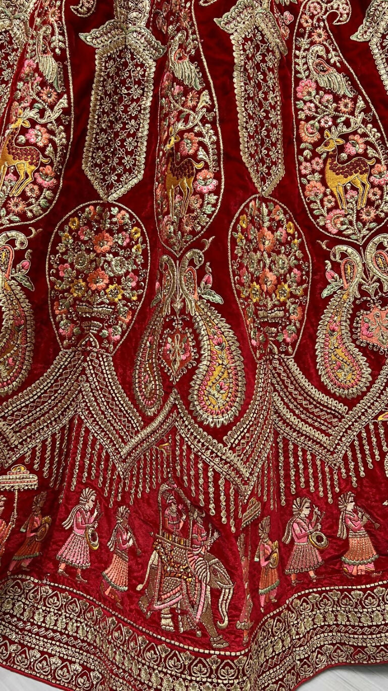 Jyoti Fashion Women's Red Velvet Multi Thread Embroidered with Zircon Diamond Work Wedding Lehenga Choli | Swadesiicart