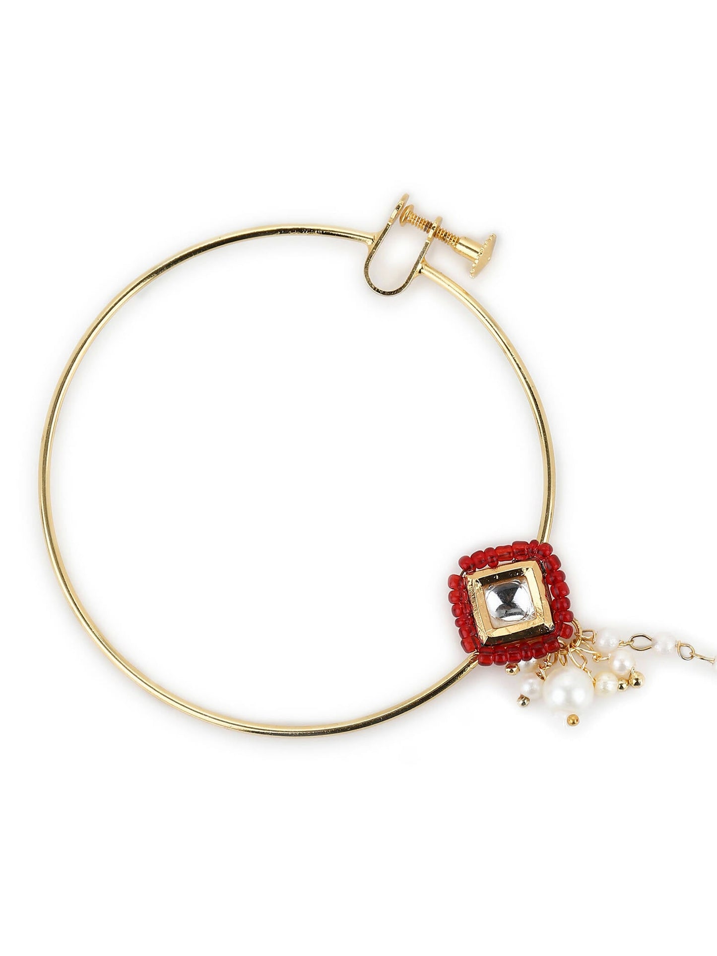 White Red Gold-Polished Kundan-Studded Beaded Nosepin - Ruby Raang | Swadesiicart