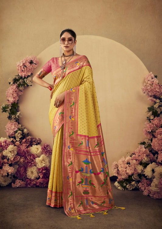 Vishnu Weaves Women's Yellow Paithani Silk Saree with Blouse - Swadesiicart