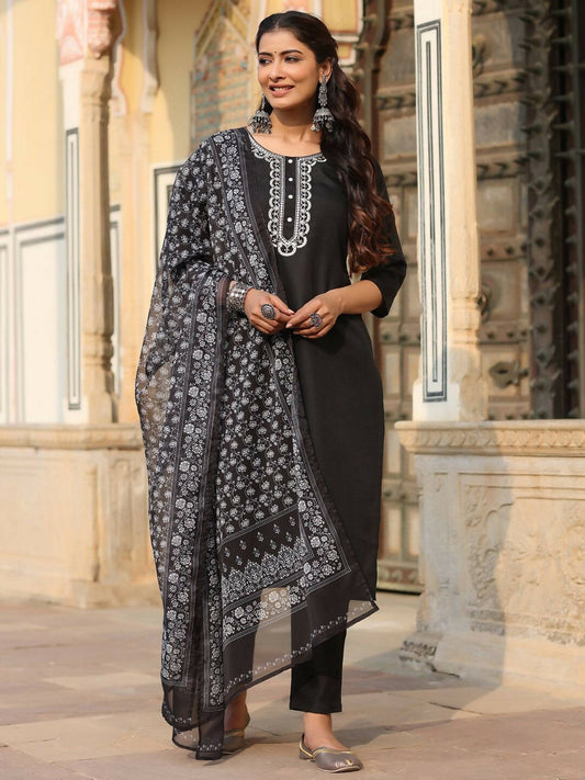Juniper Women's Black Silk Solid Embroidered Kurta Set | Swadesiicart