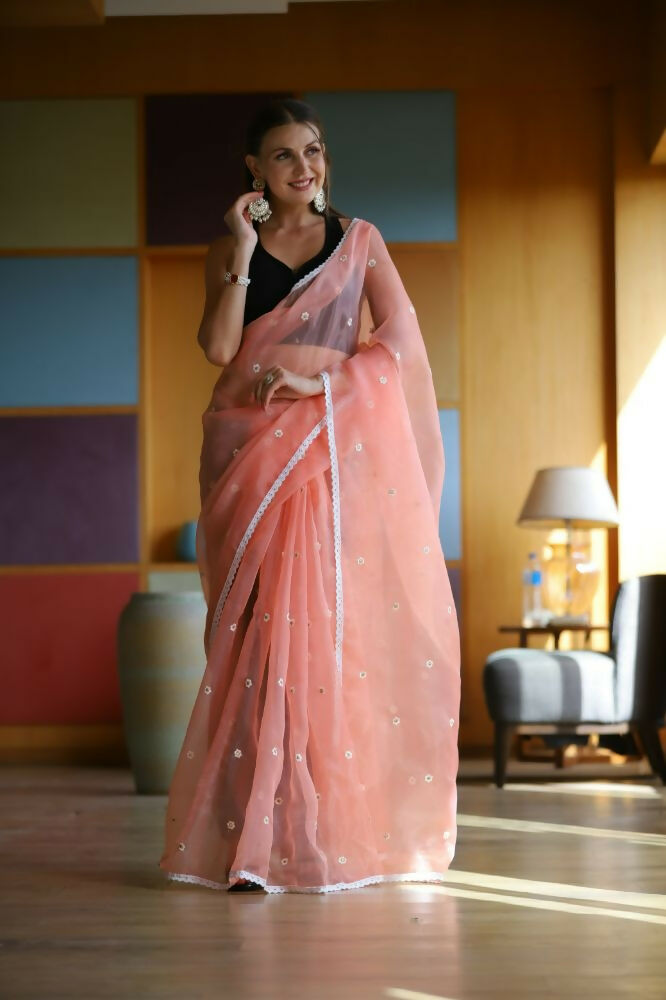 Vamsee Manbhari Peach Organza Saree - Swadesiicart