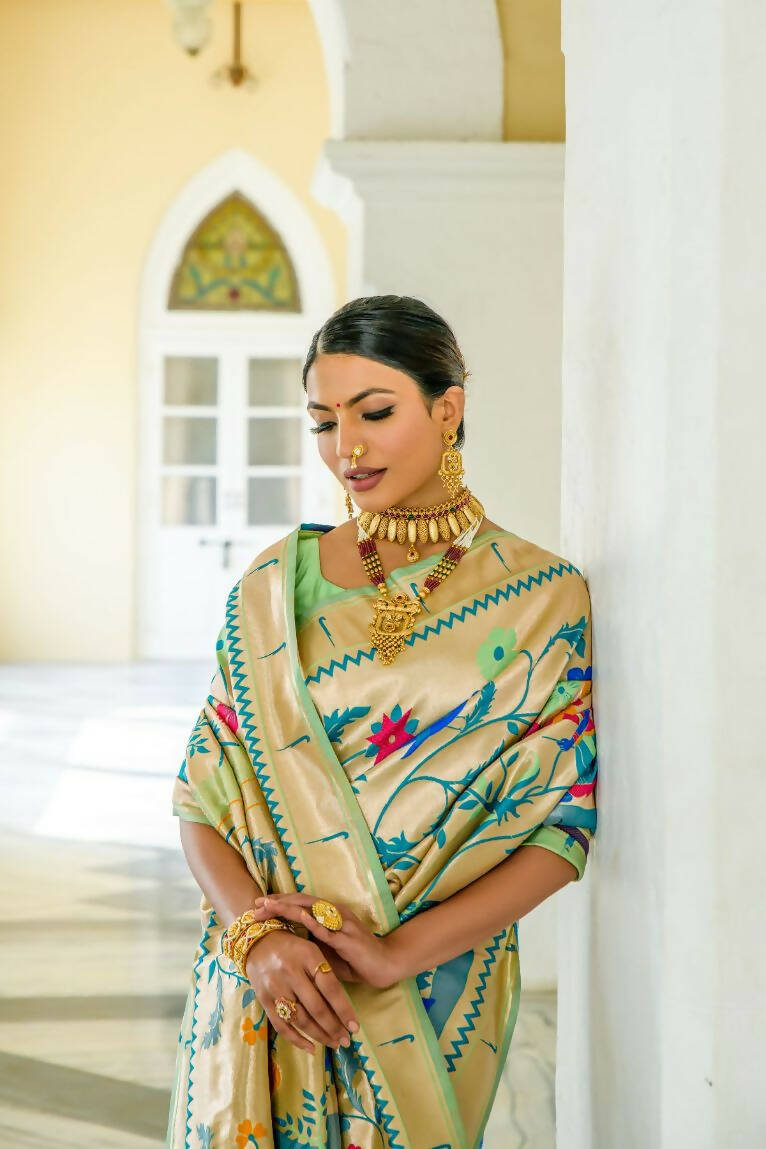Vishnu Weaves Women's Pista Paithani Silk Zari Woven Saree with Unstitched Blouse - Swadesiicart