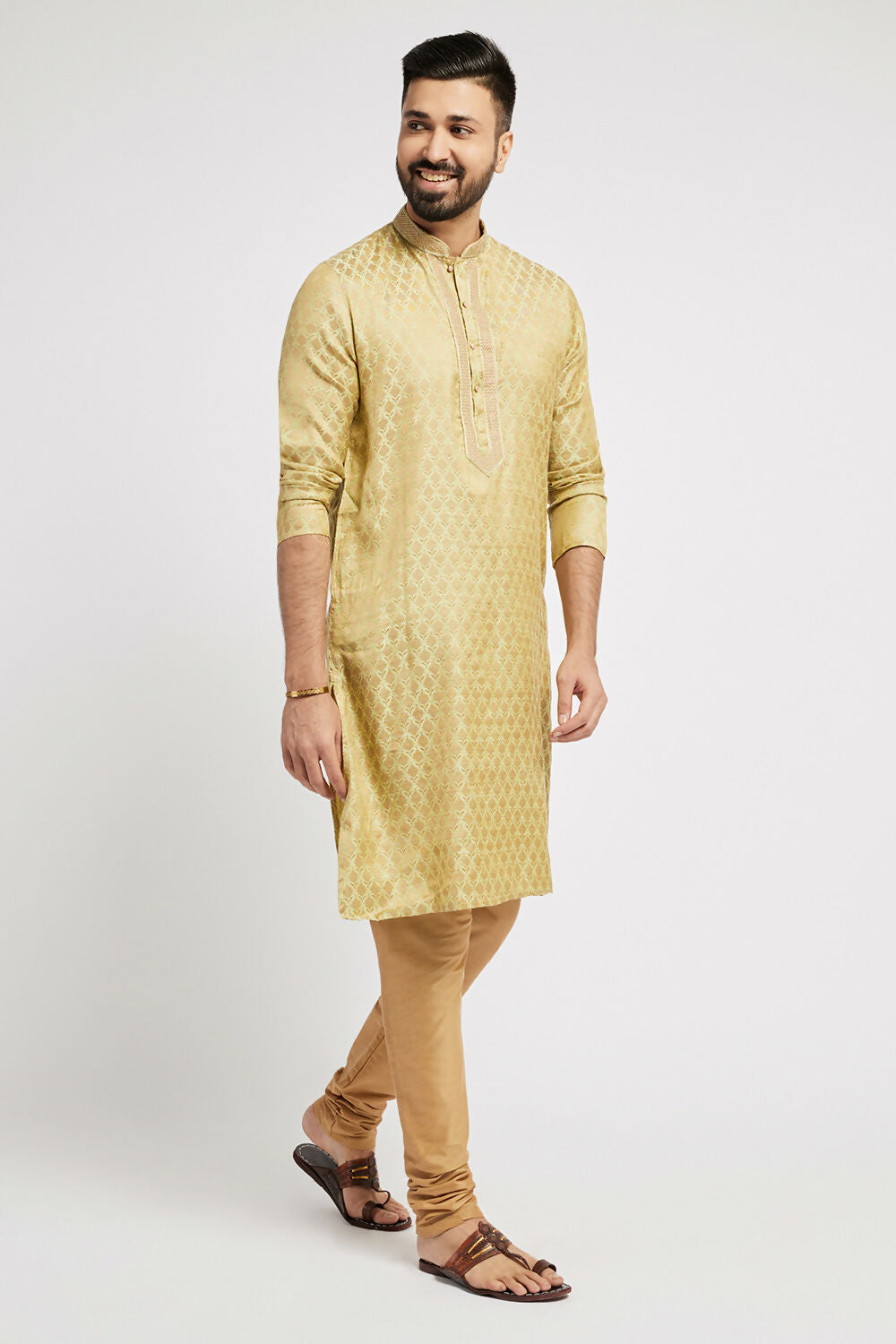 Ethnic India Green Men's Kurta Woven Design Polyester | Swadesiicart