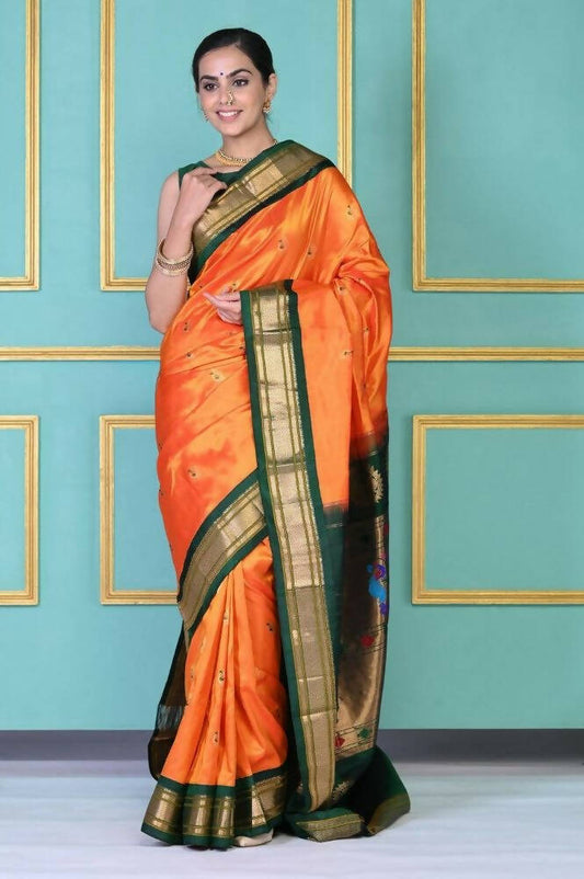 Very Much Indian Authentic Pure Silk Handloom Orange Maharani Paithani | Swadesiicart