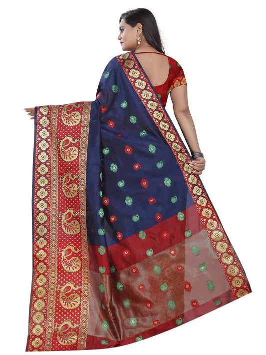 Vamika Banarasi Cotton Silk Navy Blue Weaving Saree | Swadesiicart
