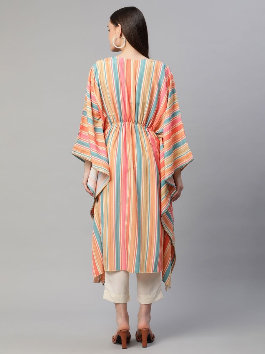 Ahalyaa Women Multi Color Crepe Striped Printed Kaftan Kurta With Trousers | Swadesiicart