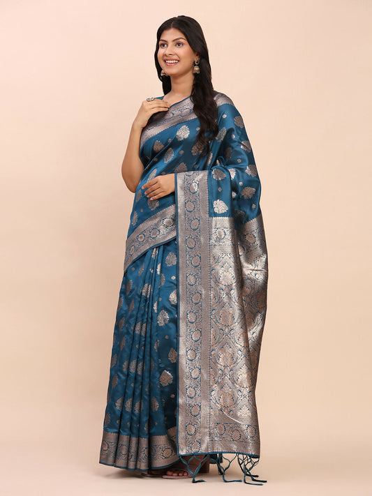 Astita Banarasi Silk Teal Blue Saree | Swadesiicart