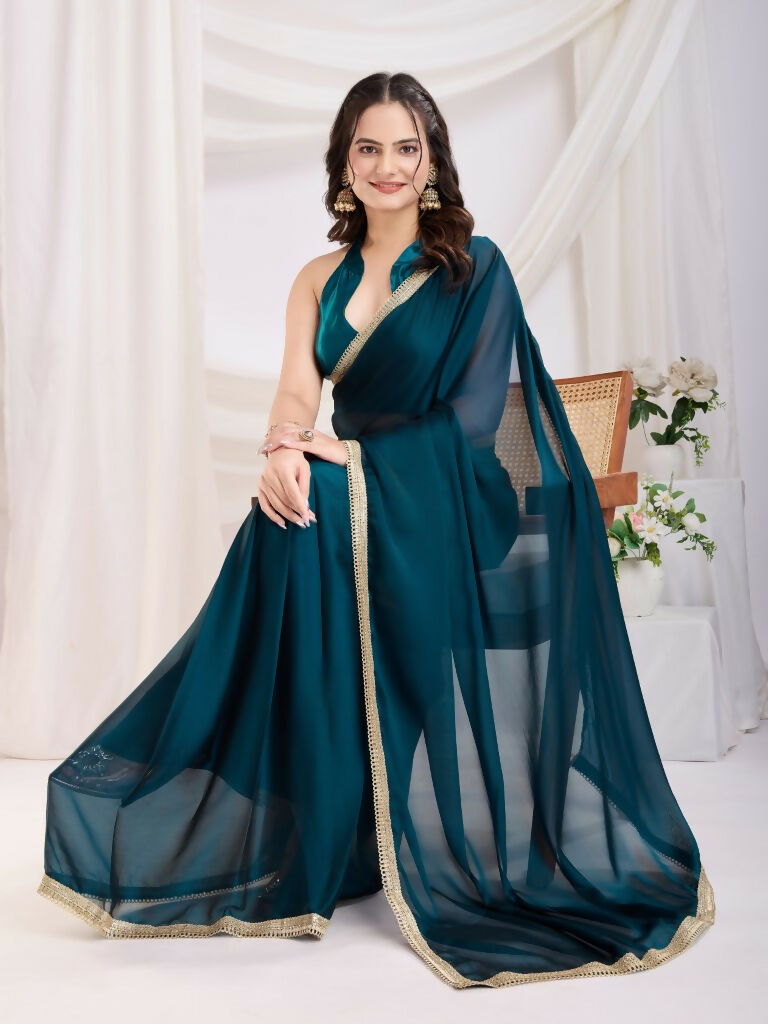 Teal Blue Rangoli Silk Solid, Lace Border Ready To Wear Saree - Kashvi | Swadesiicart