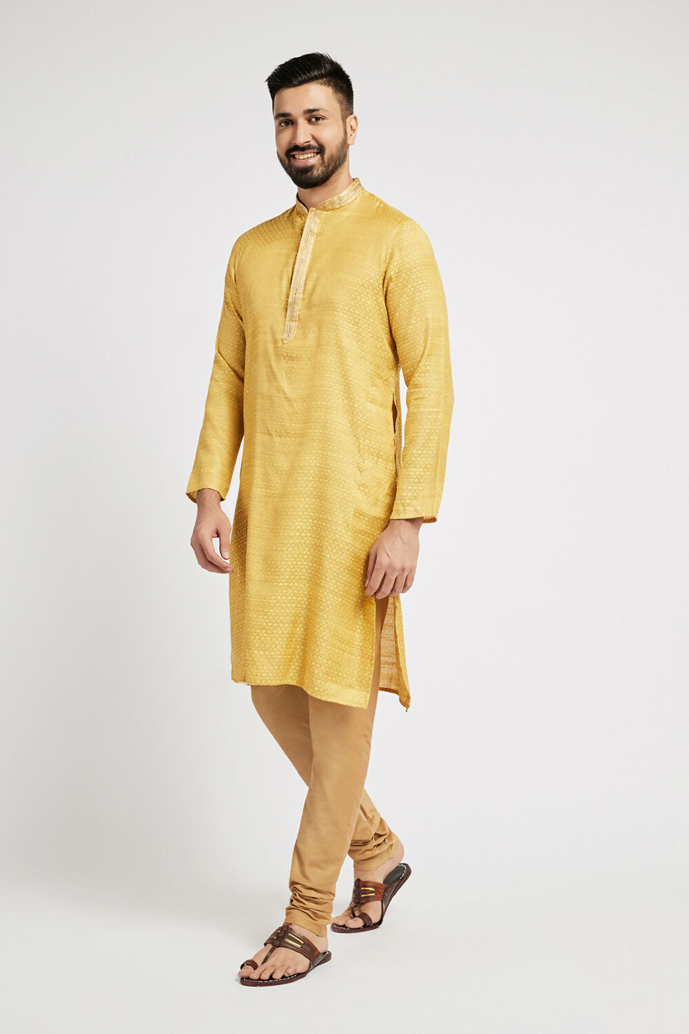 Ethnic India Yellow Men's Kurta Woven Design Polyester | Swadesiicart